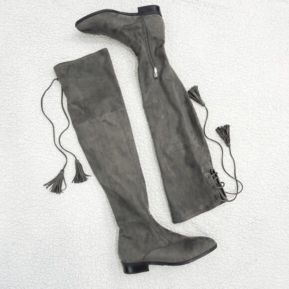 Marc Fisher Grey‎ Suede Over The Knee Lace Up Tassel Almond Toe Boots Size 7.5 - Picture 1 of 11